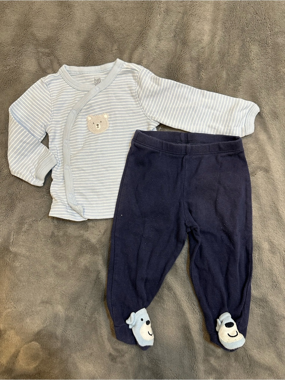 Carter's Blue Striped Top & Navy Footed One-Piece Set with Bear Applique